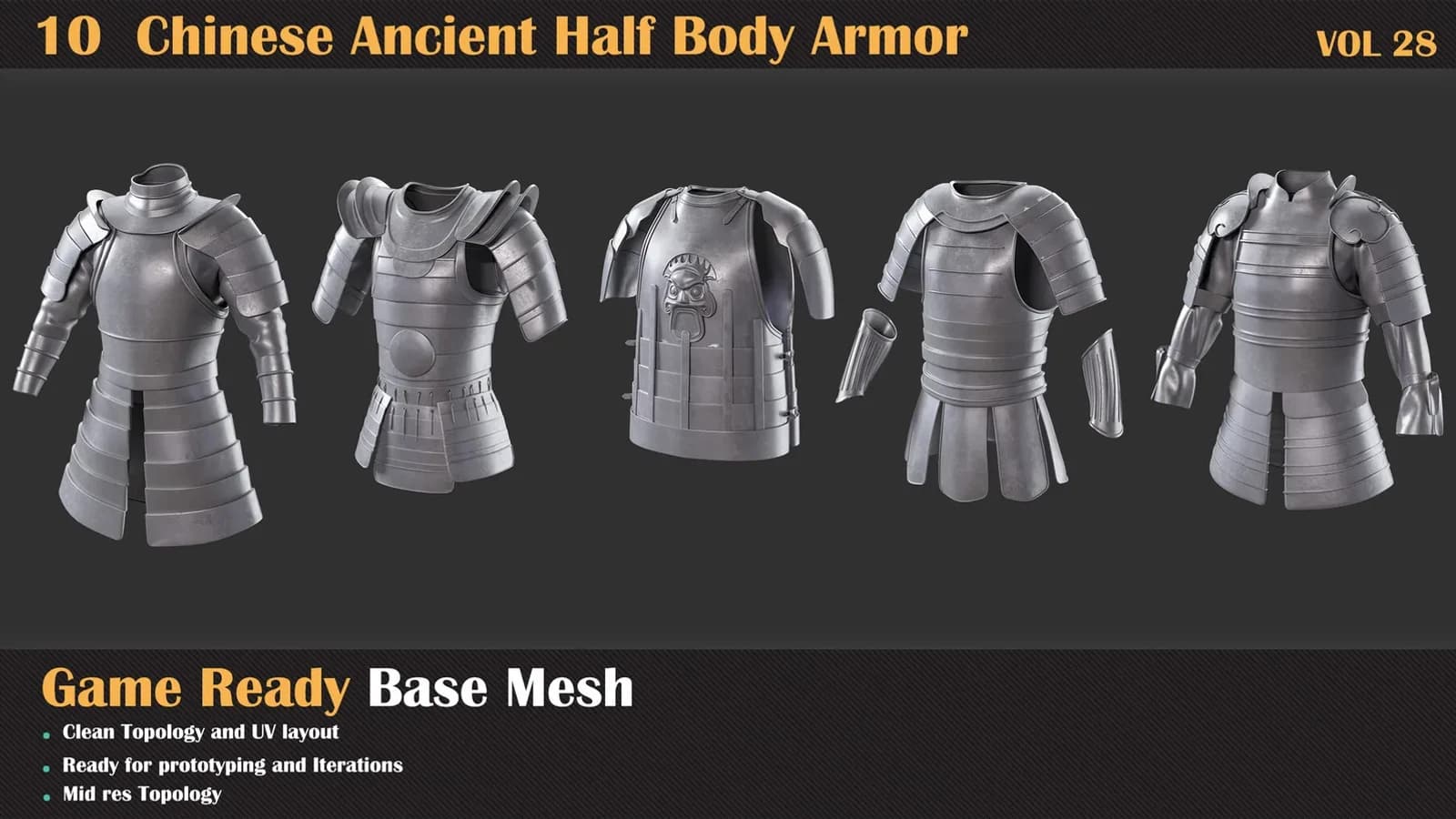 10 Chinese Ancient Half Body Armor Base Mesh — VOL 28 — preview 3
