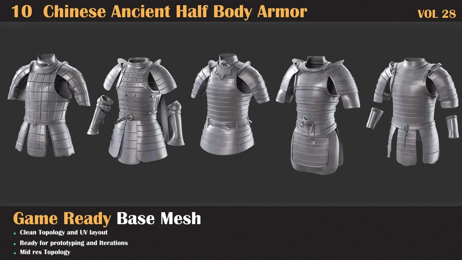 10 Chinese Ancient Half Body Armor Base Mesh — VOL 28 — preview 4