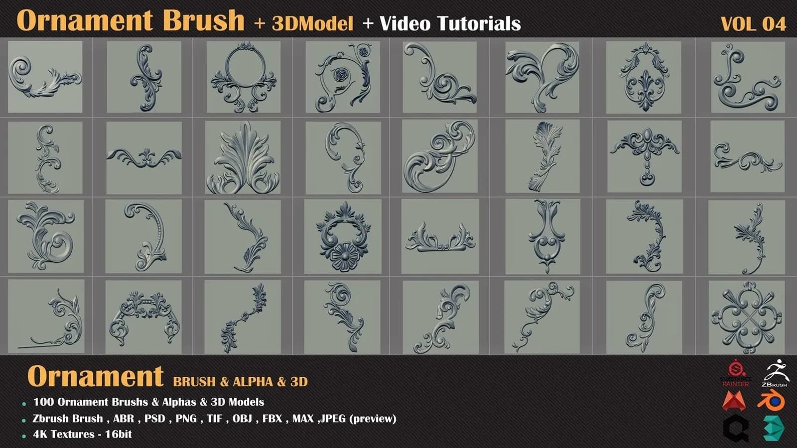 100 Ornament Brushes and 3D Models + 3 Video Tutorials — VOL 06 — preview 3