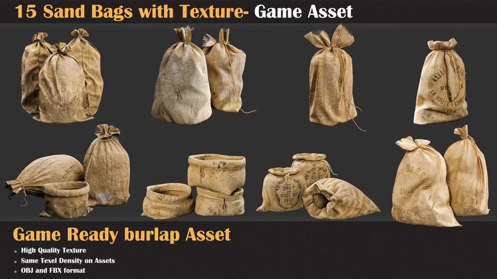 15 Sand Bags with Texture - Game Asset — preview 2
