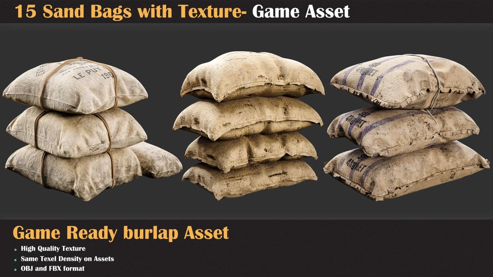 15 Sand Bags with Texture - Game Asset — preview 3