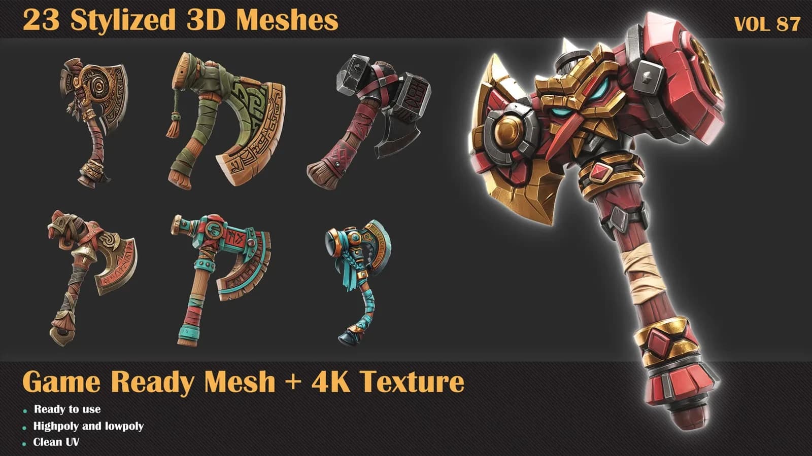 23 Stylized Axe 3D Meshes — VOL 87