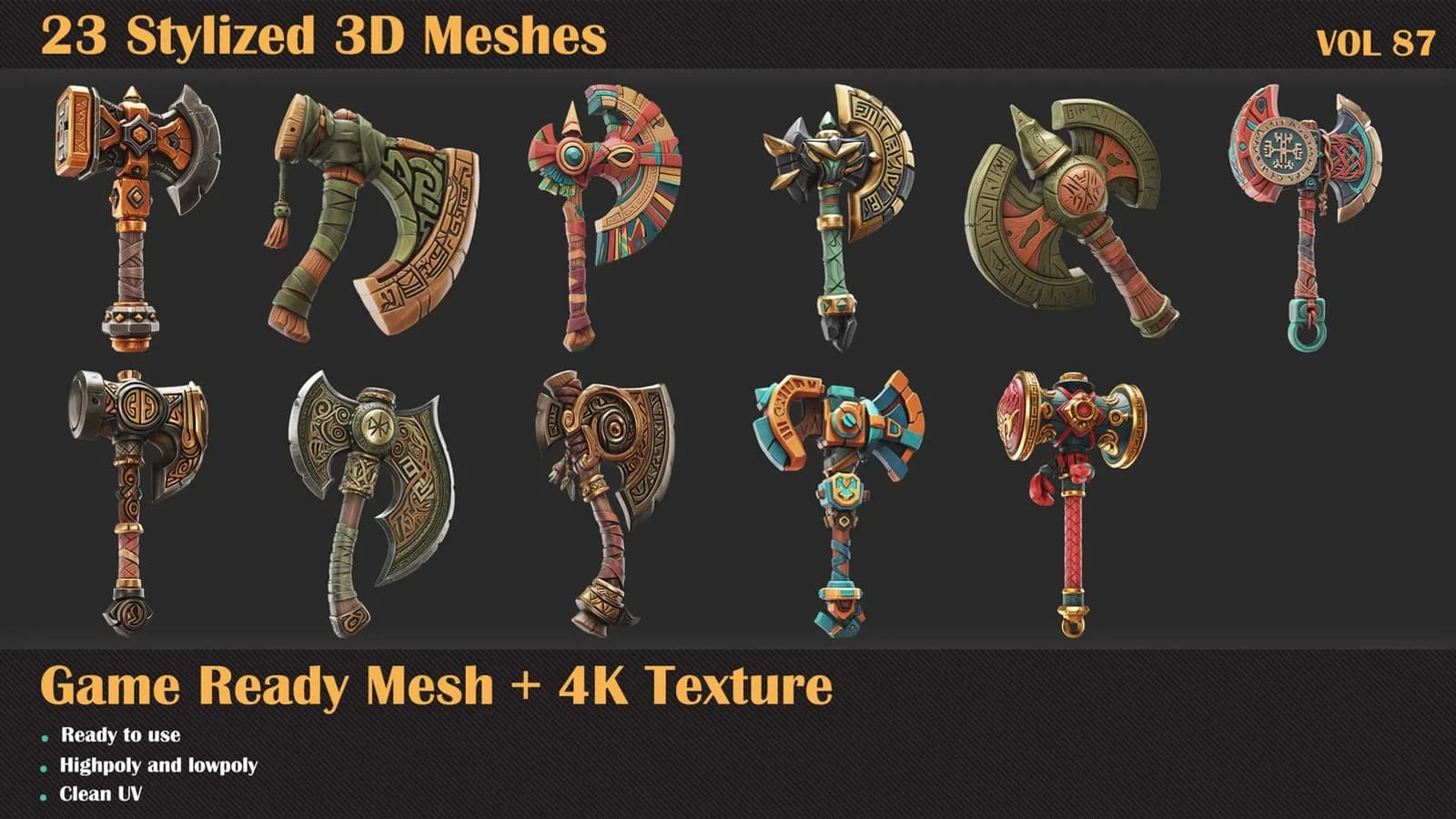 23 Stylized Axe 3D Meshes — VOL 87 — preview 3