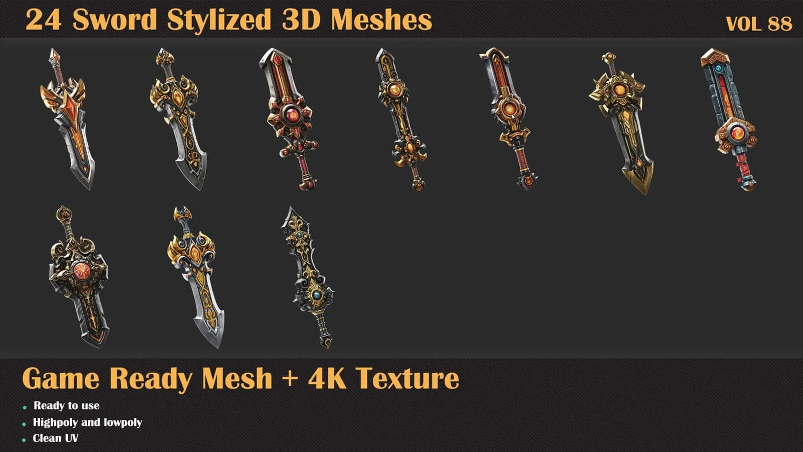 24 Sword Stylized 3D Meshes — VOL 88 — preview 3