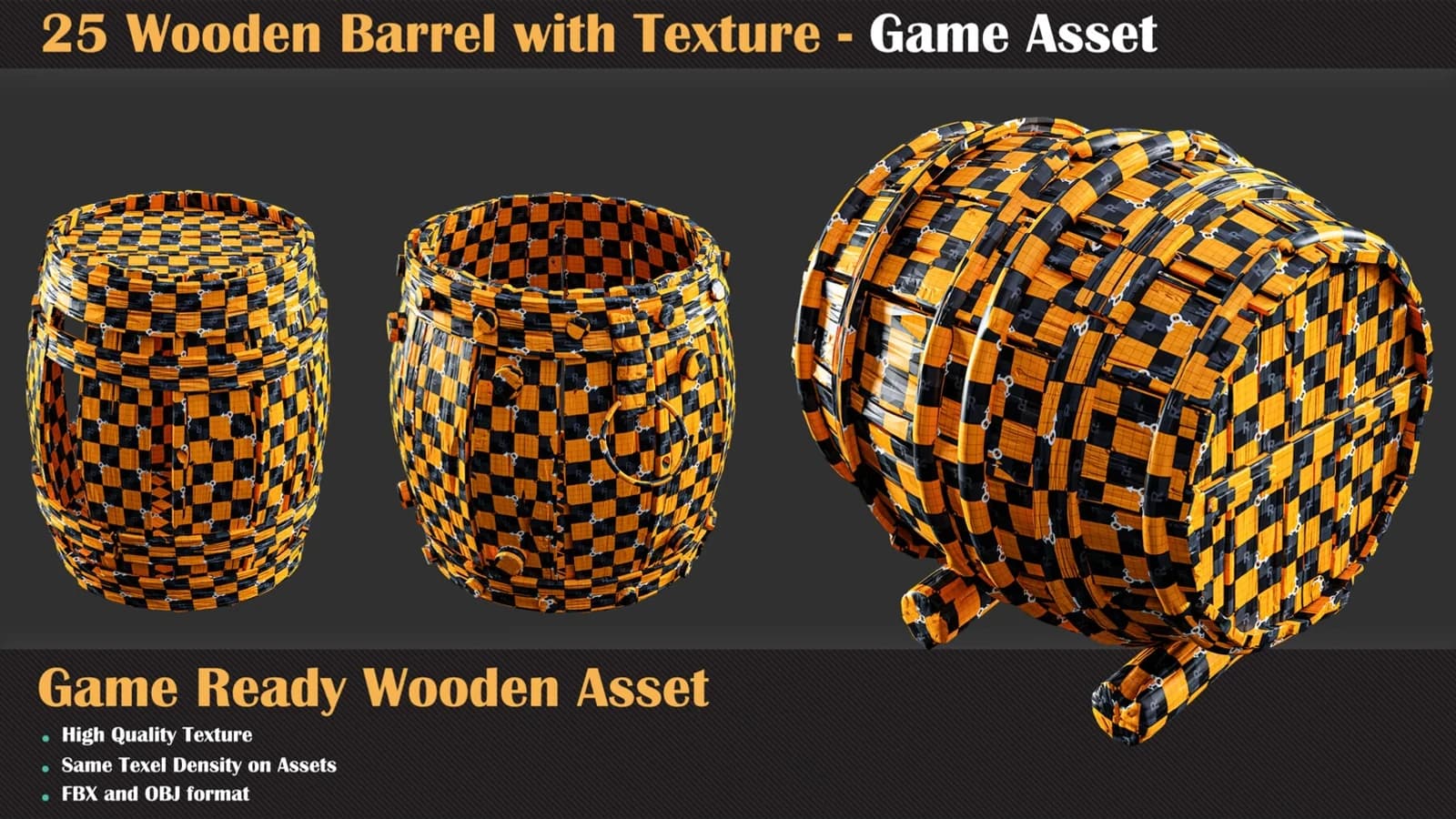 25 Wooden Barrel with Texture - Game Asset — preview 2