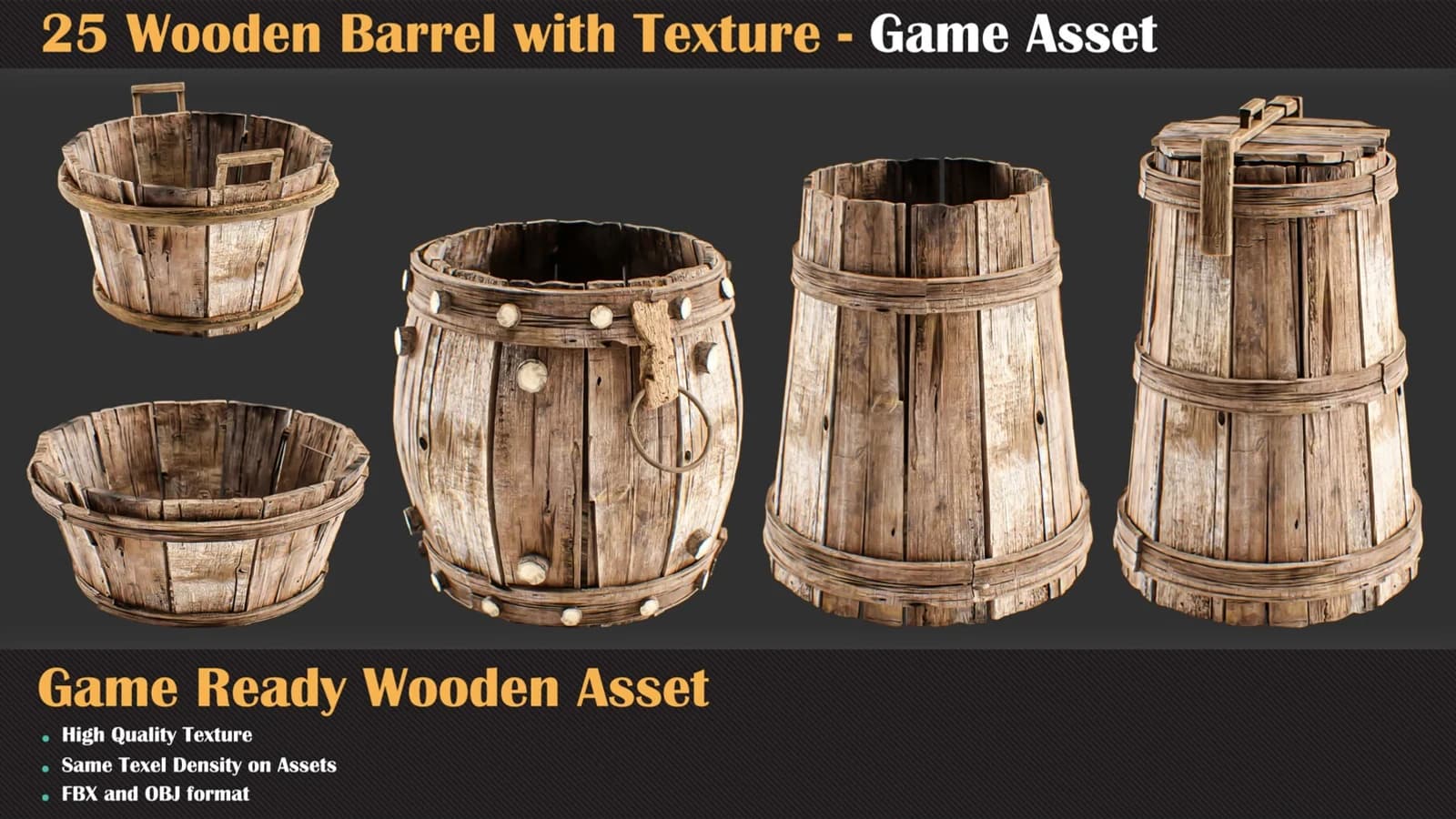 25 Wooden Barrel with Texture - Game Asset — preview 5