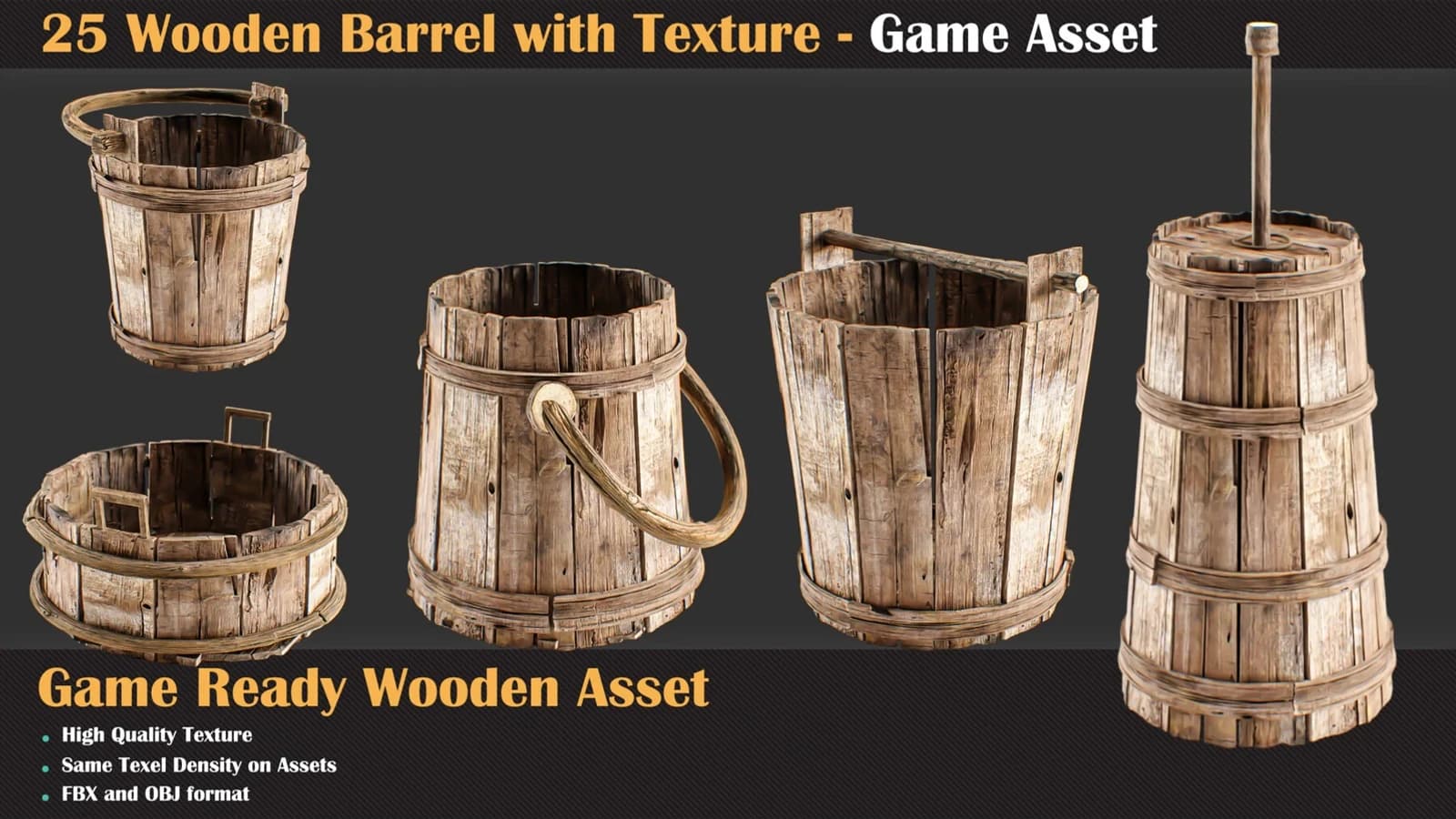 25 Wooden Barrel with Texture - Game Asset — preview 6