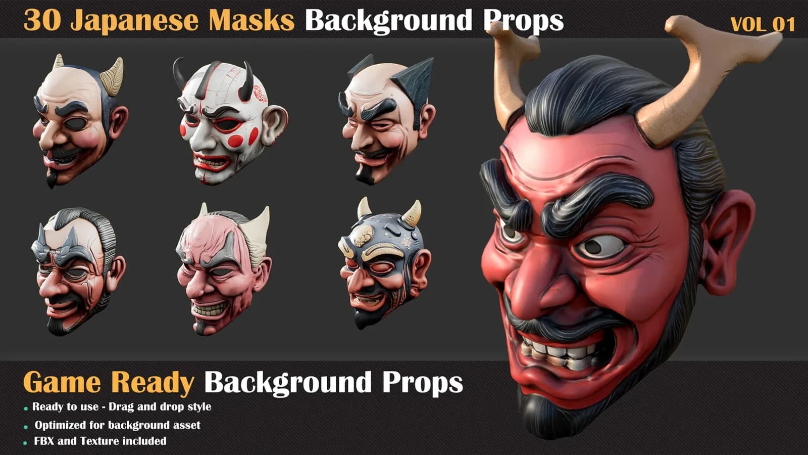 30 Japanese Masks Background Props — VOL 01