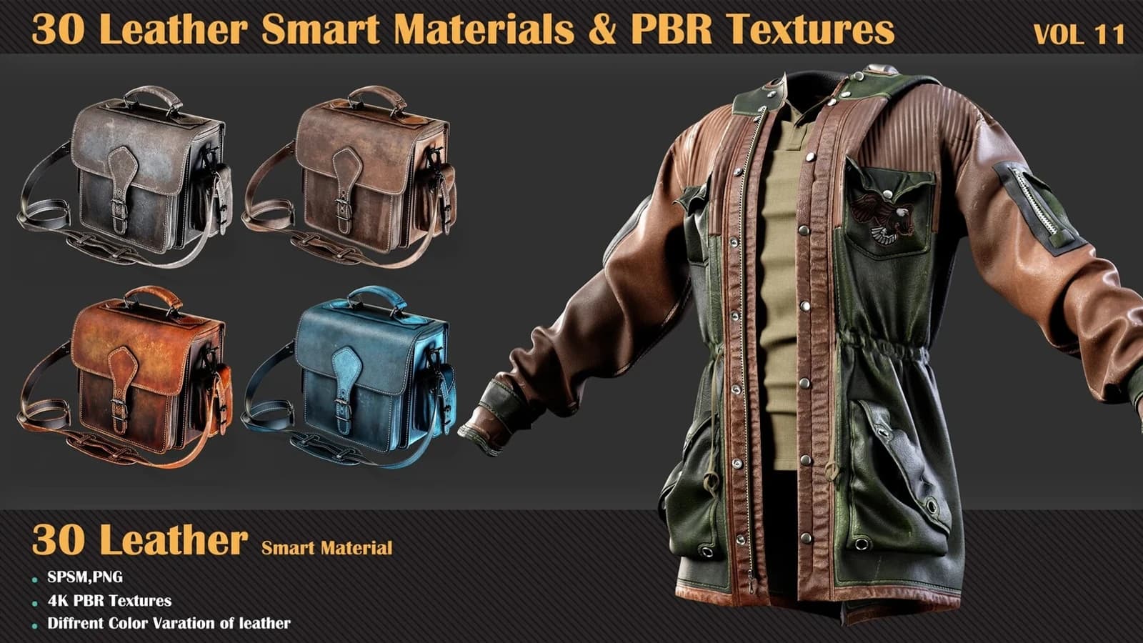 30 Leather Smart Materials + PBR Textures — VOL 11