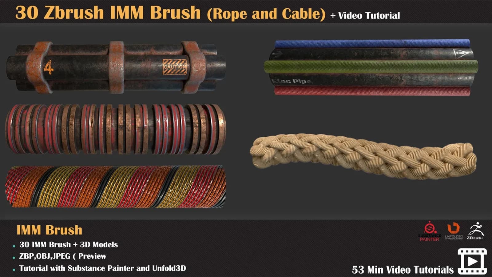 30 ZBrush IMM Brush (Rope and Cable) +Texturing Tutorial