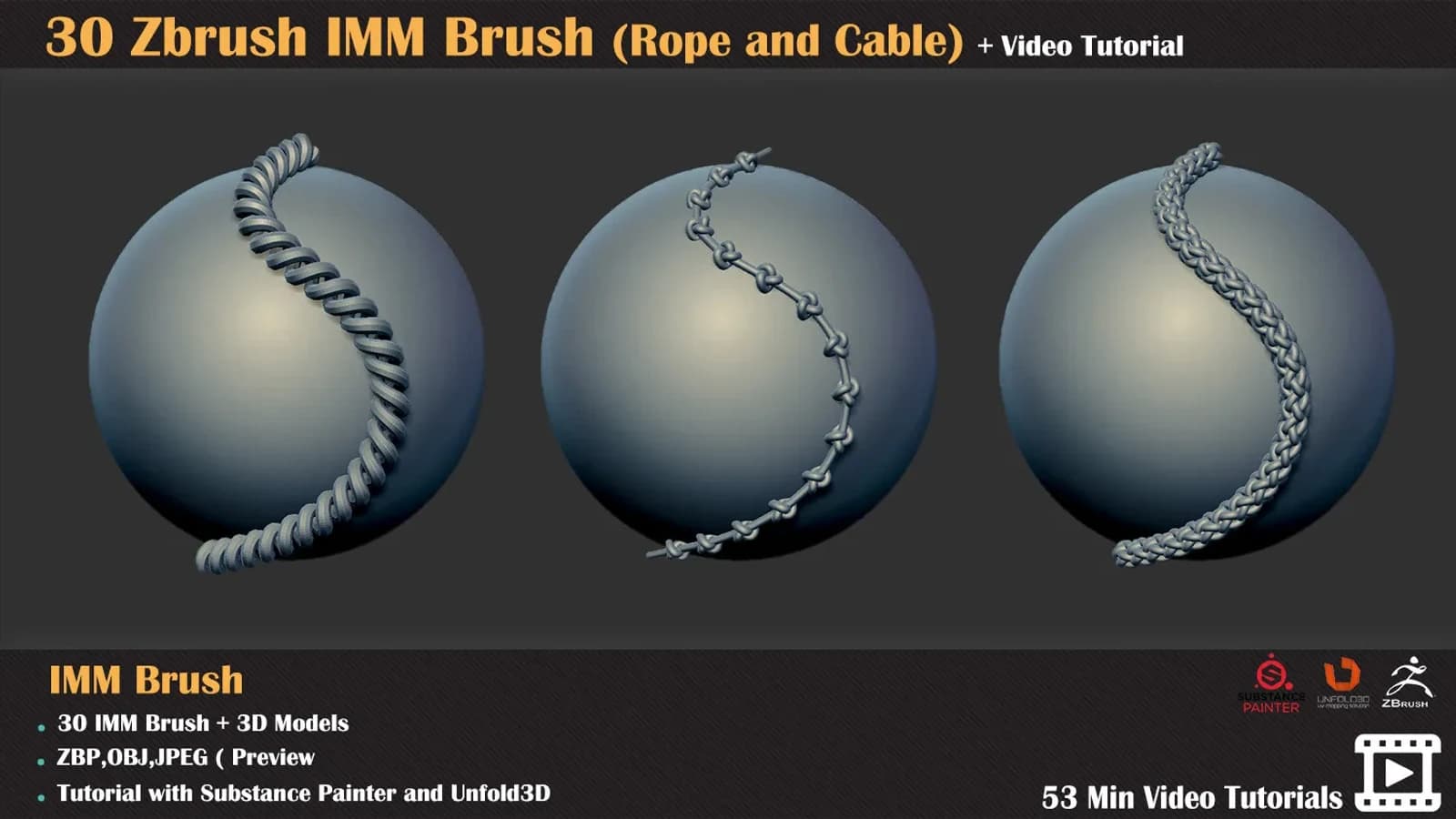 30 ZBrush IMM Brush (Rope and Cable) +Texturing Tutorial — preview 3