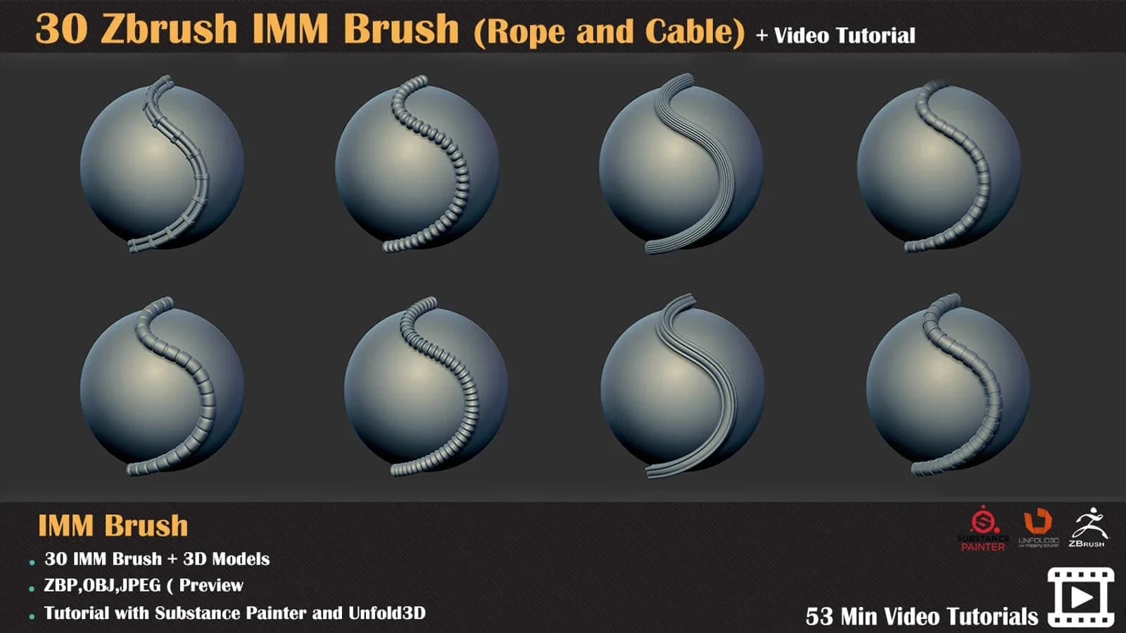 30 ZBrush IMM Brush (Rope and Cable) +Texturing Tutorial — preview 5