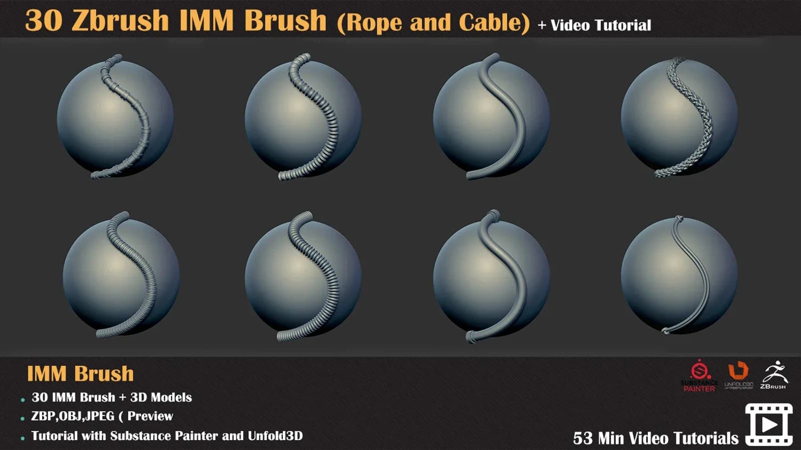 30 ZBrush IMM Brush (Rope and Cable) +Texturing Tutorial — preview 6