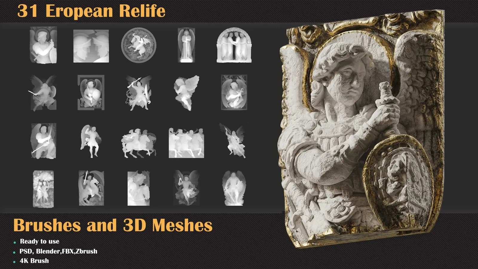 31 European Relief Brushes & 3D Meshes