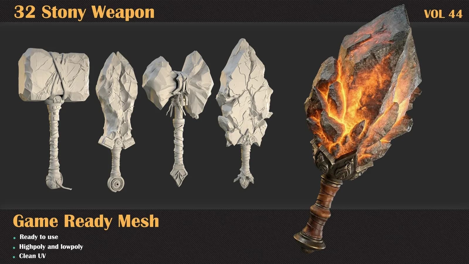 32 Stony Weapon 3DMeshes — VOL 44