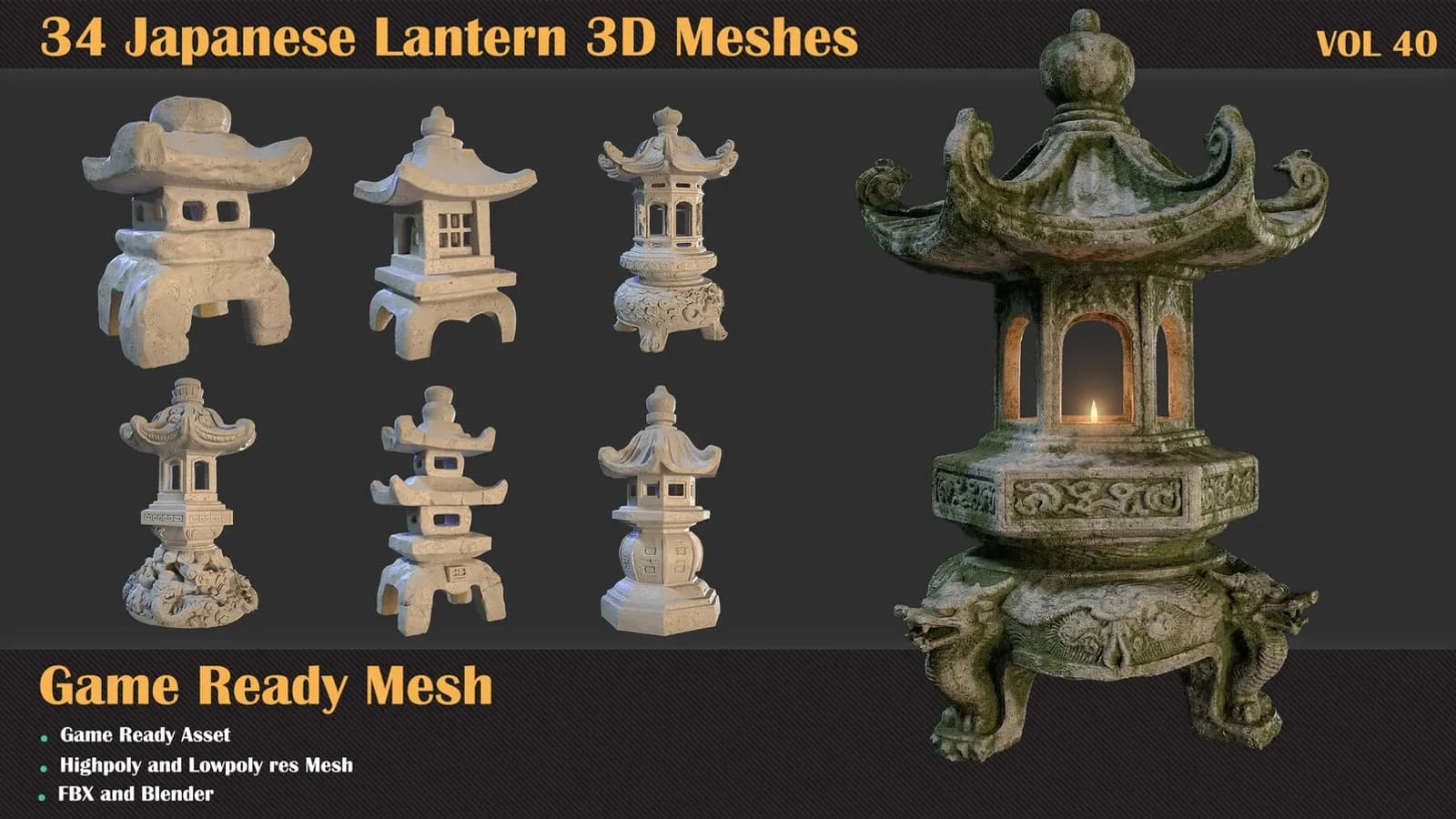 34 Japanese Lantern 3D Meshes — VOL 40