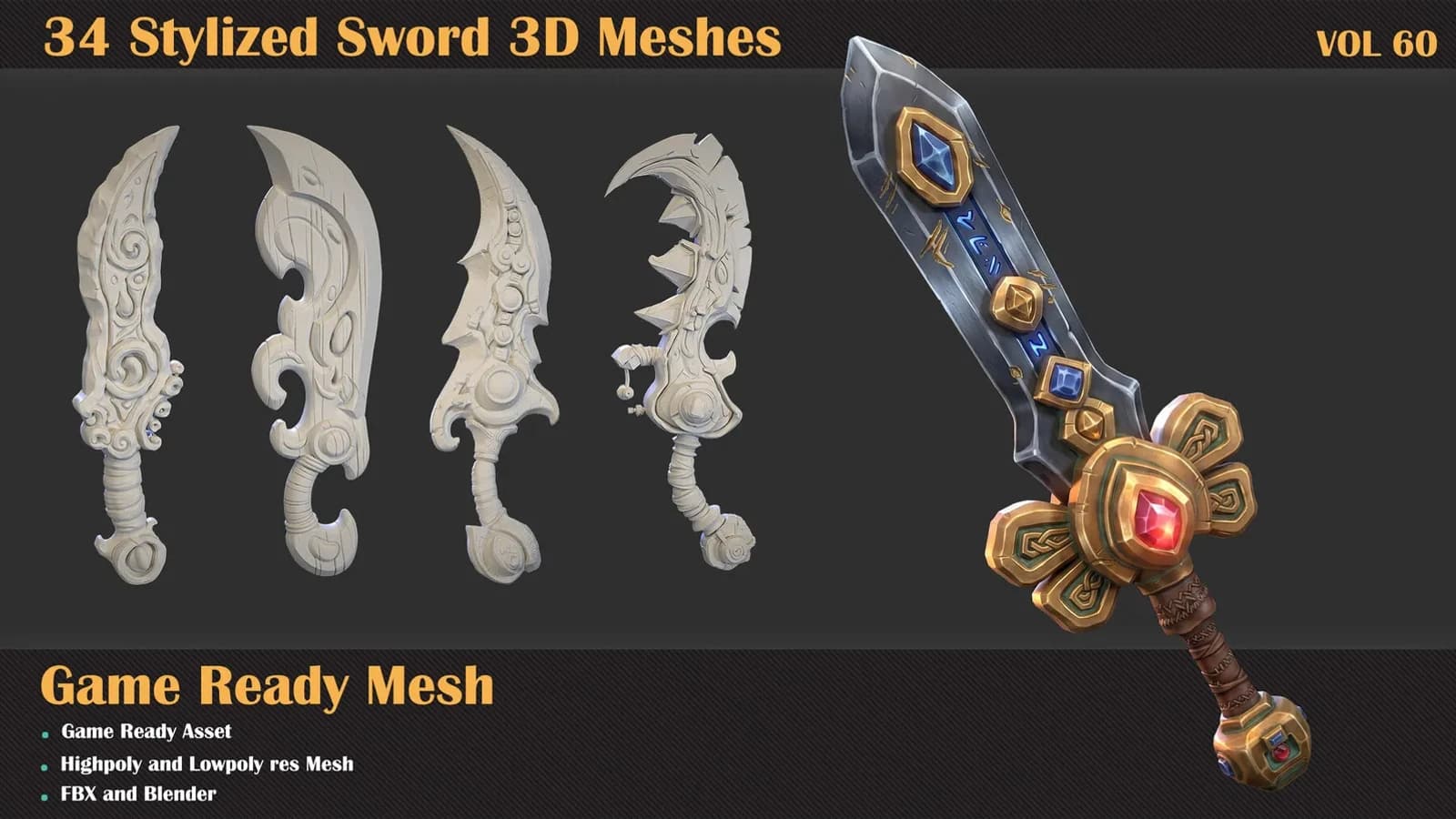 34 Stylized Sword 3D Meshes — VOL 60