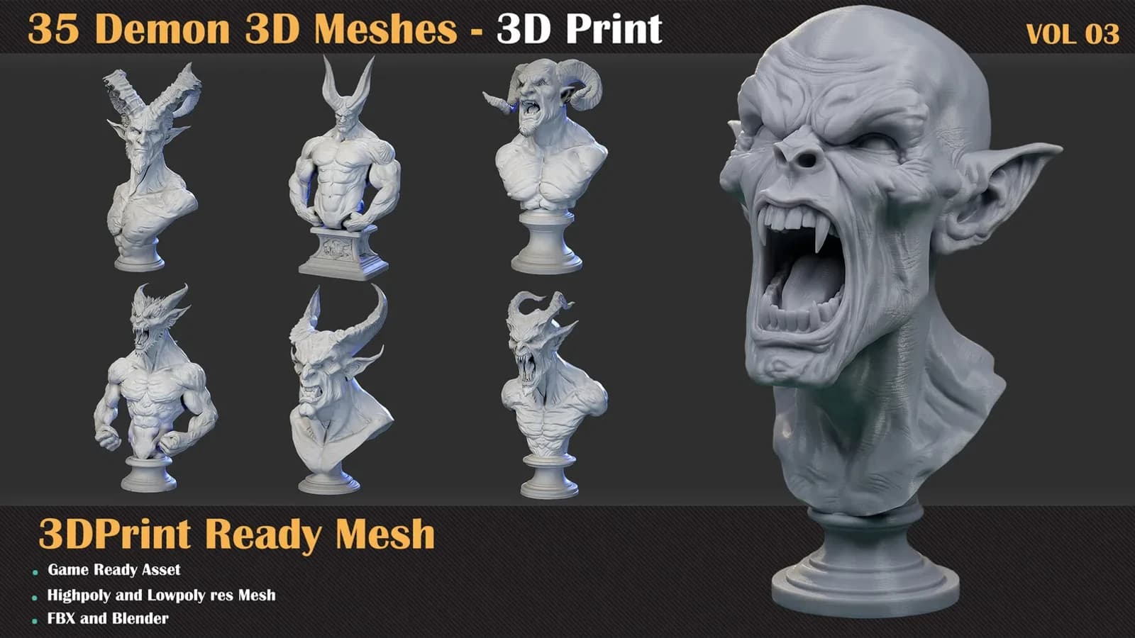 35 Demon 3D Meshes – 3D Print Ready & Game Ready — VOL 03