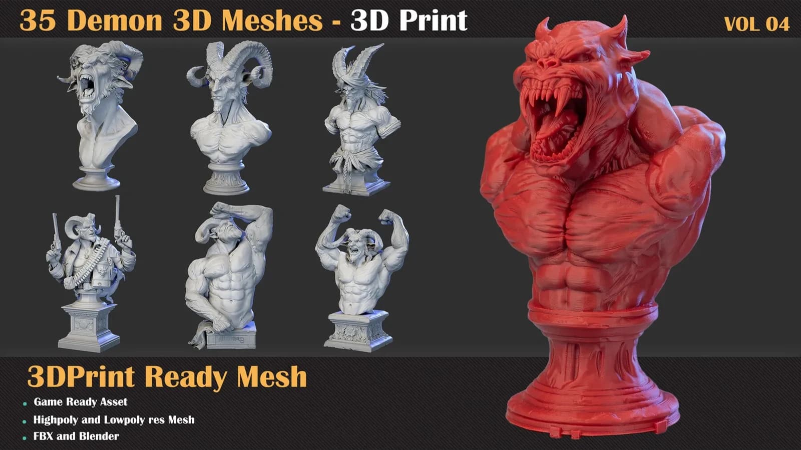 35 Demon 3D Meshes – 3D Print Ready & Game Ready — VOL 04