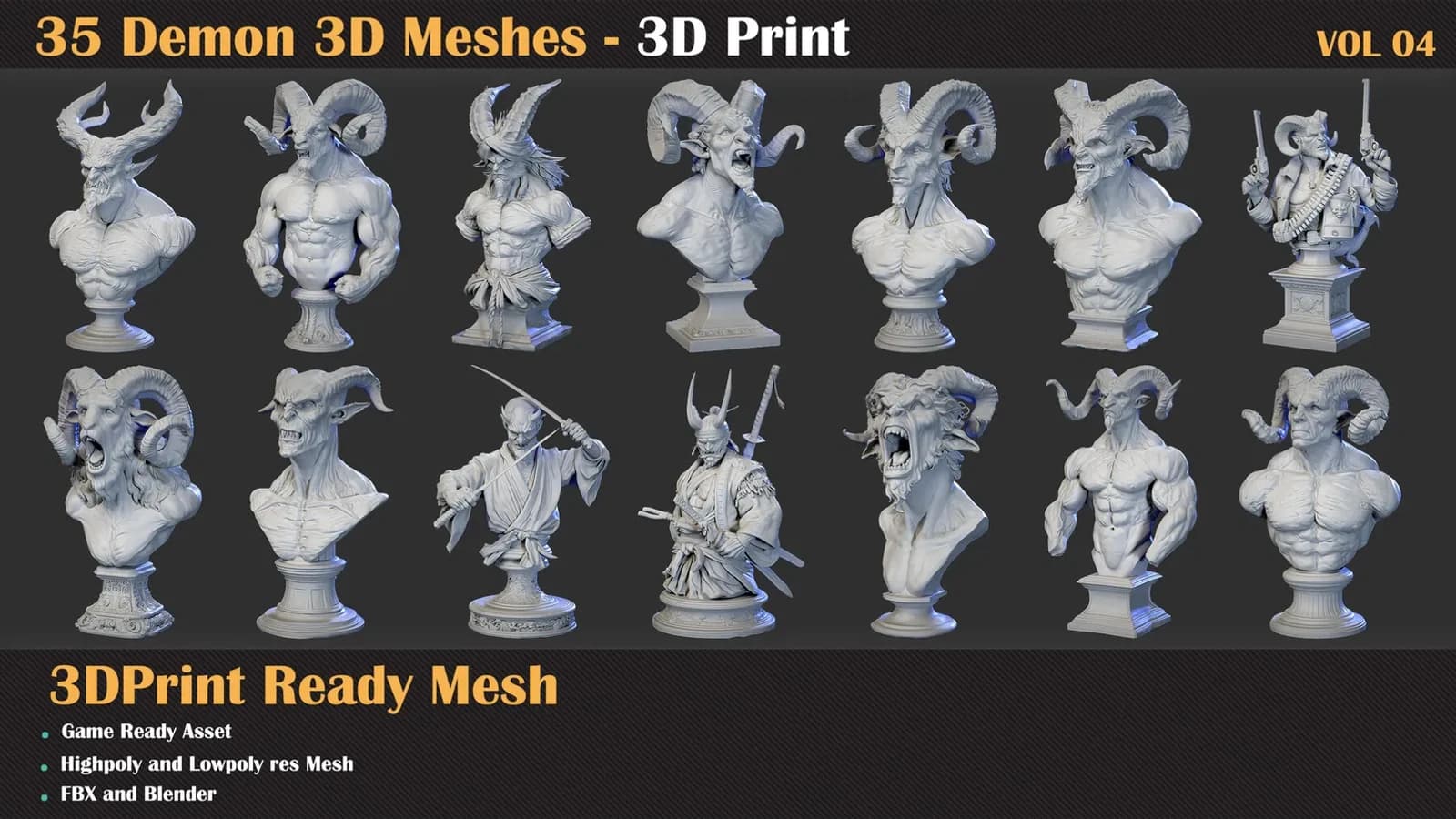 35 Demon 3D Meshes – 3D Print Ready & Game Ready — VOL 04 — preview 3
