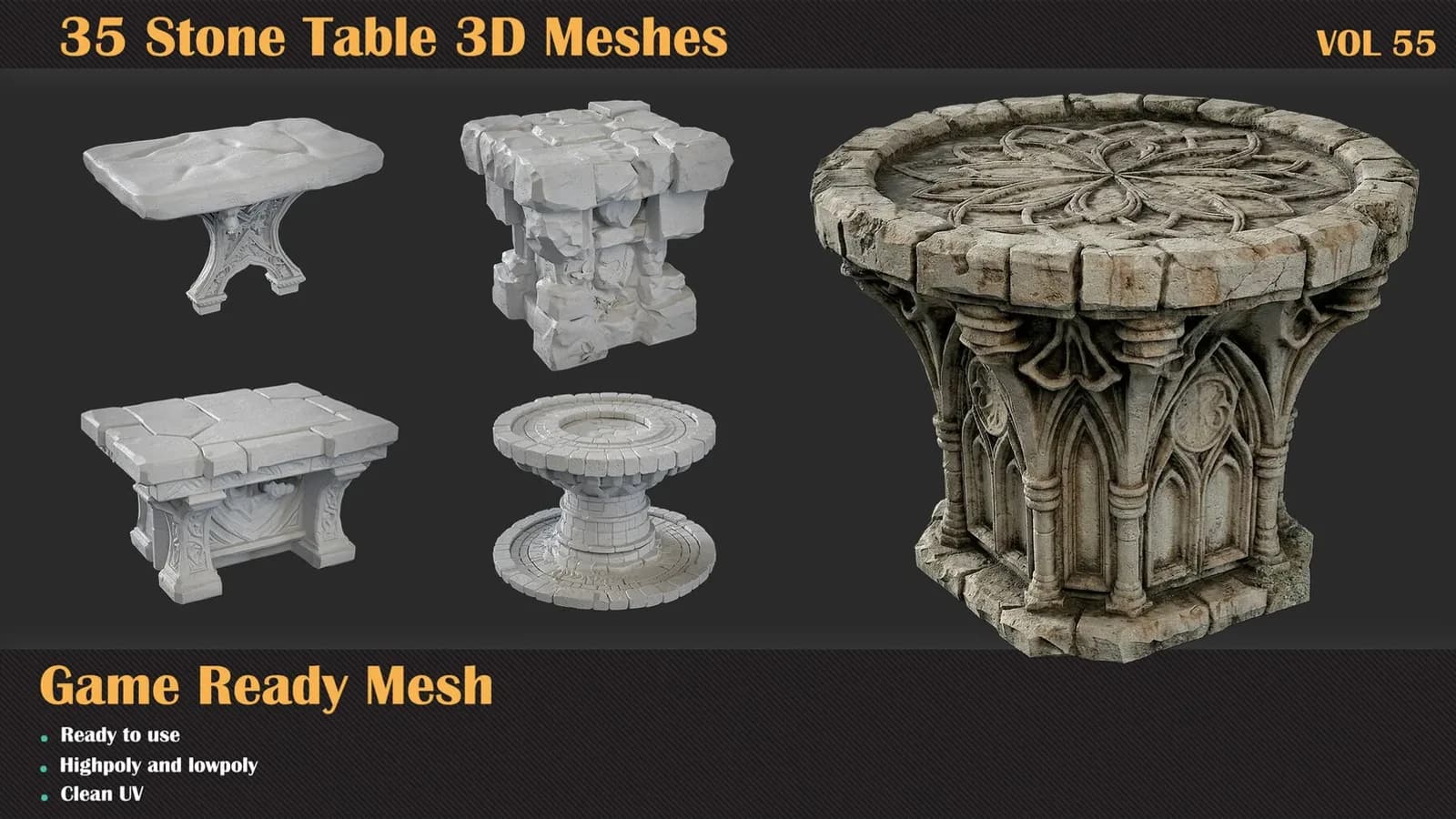 35 Stone Table 3D Meshes — VOL 55