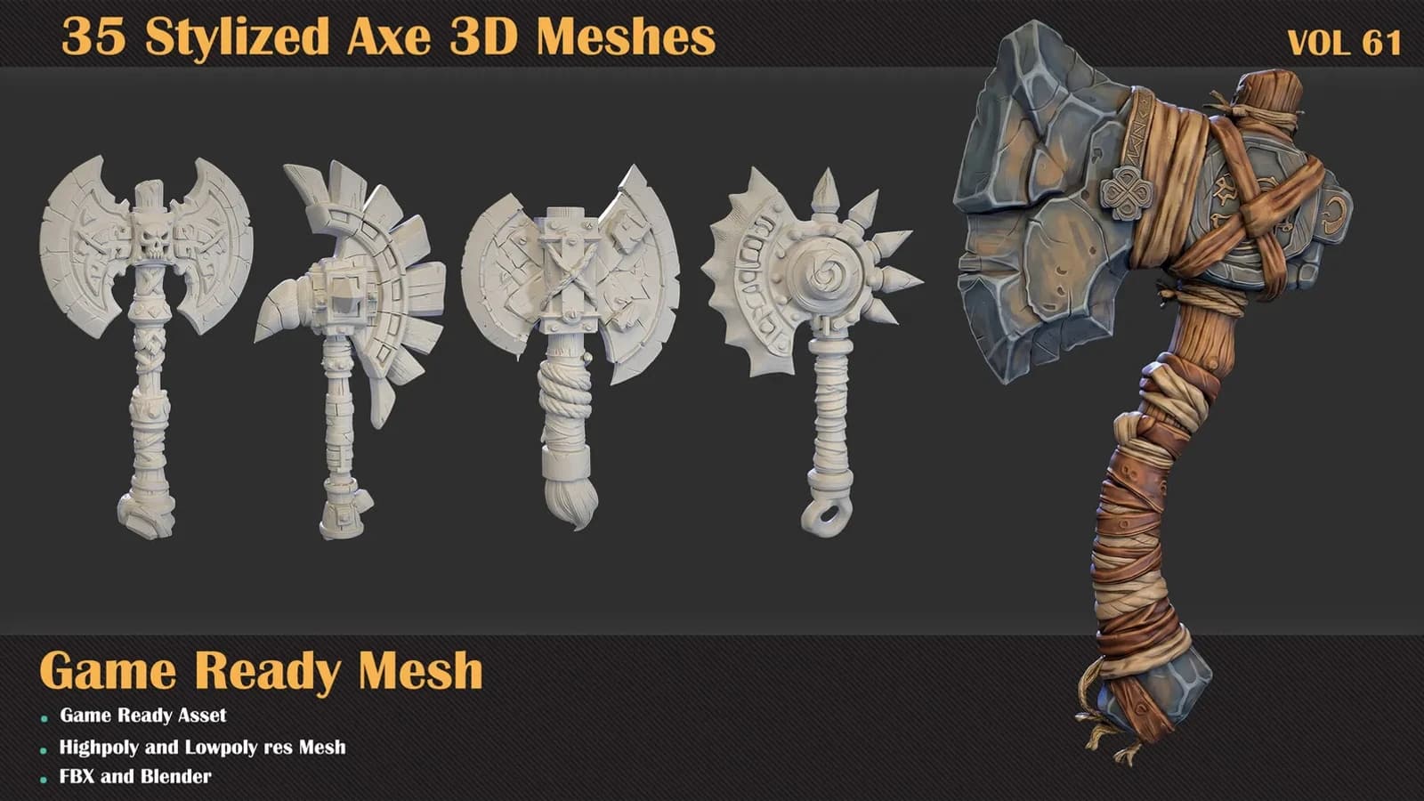 35 Stylized Axe 3D Meshes — VOL 61