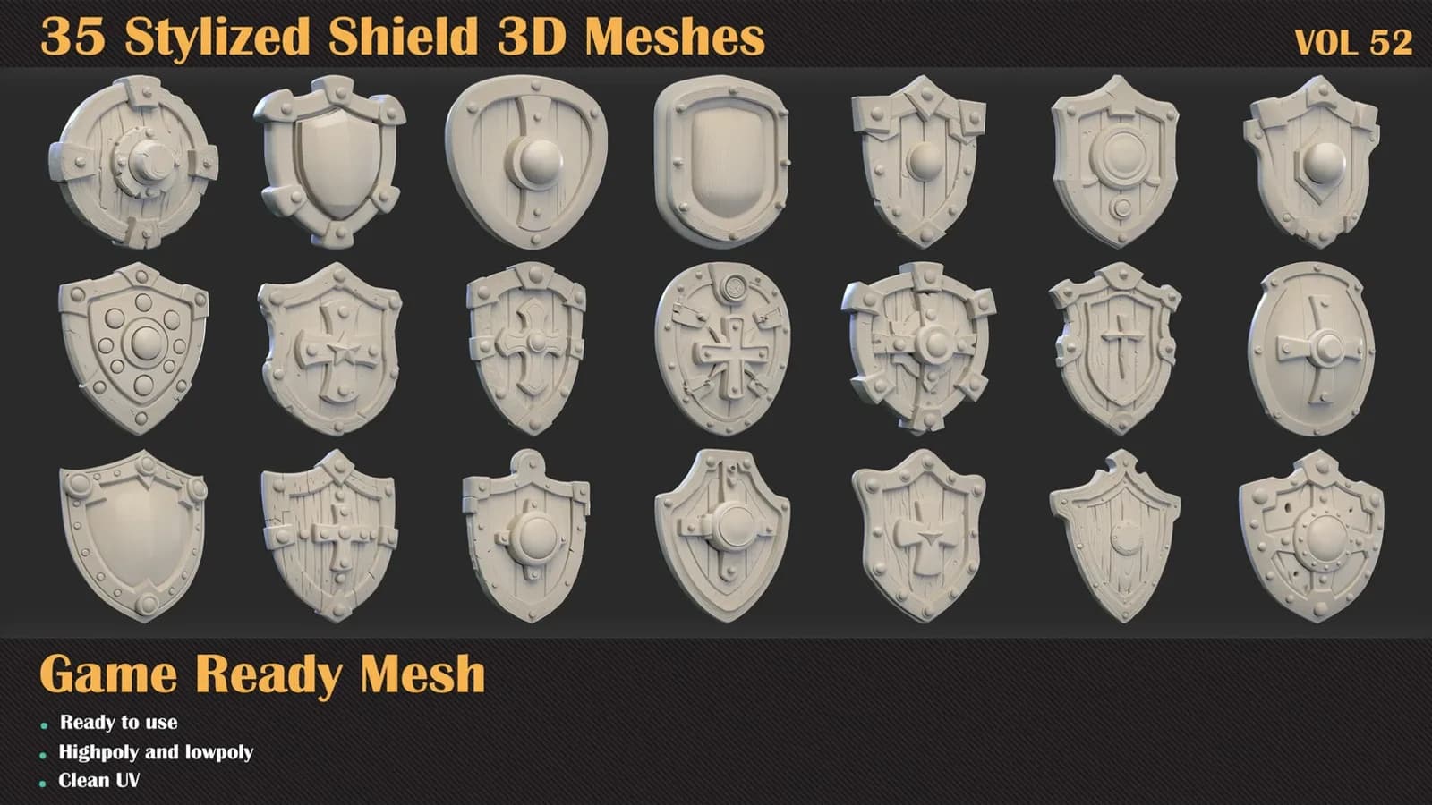 35 Stylized Shield 3D Meshes — VOL 52 — preview 3