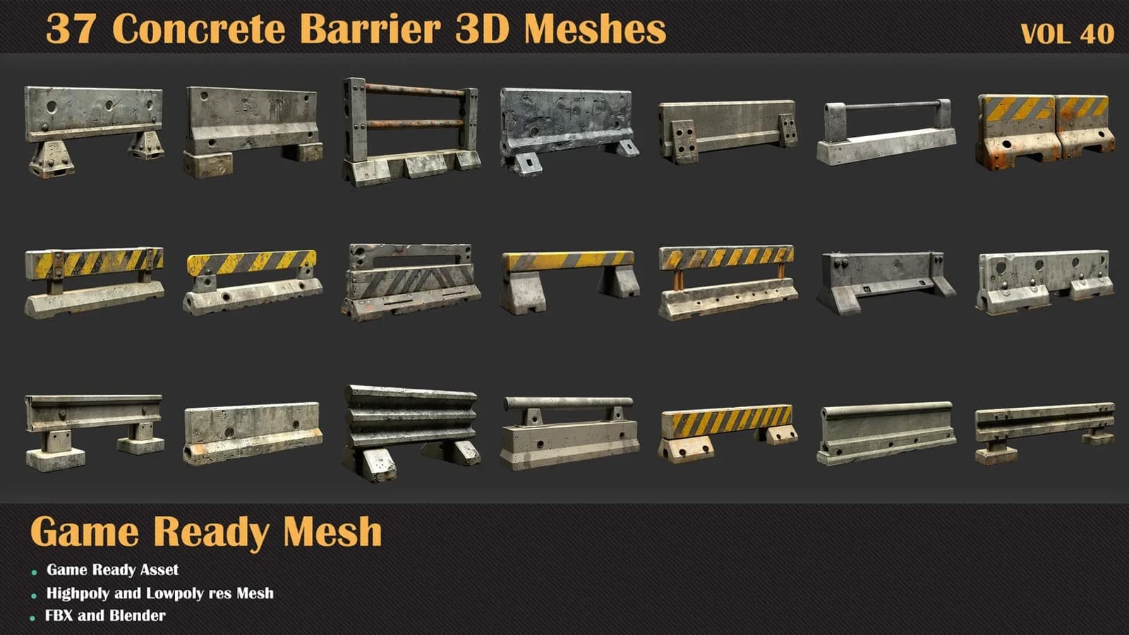 37 Concrete Barrier 3D Meshes — VOL 40 — preview 4