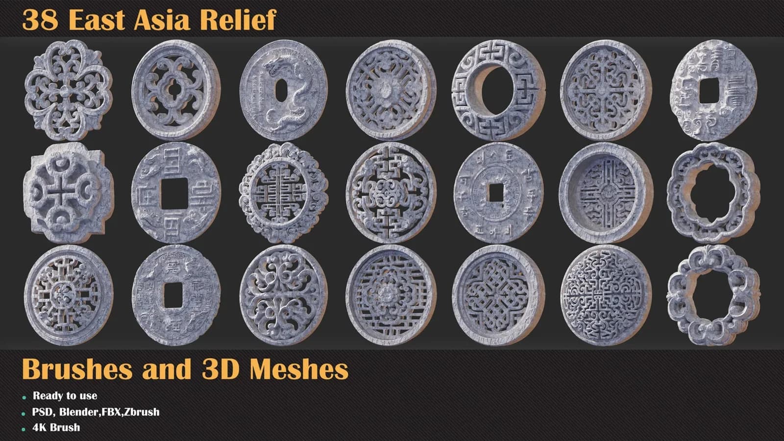 38 East Asia Relief Brushes & 3D Meshes — preview 3