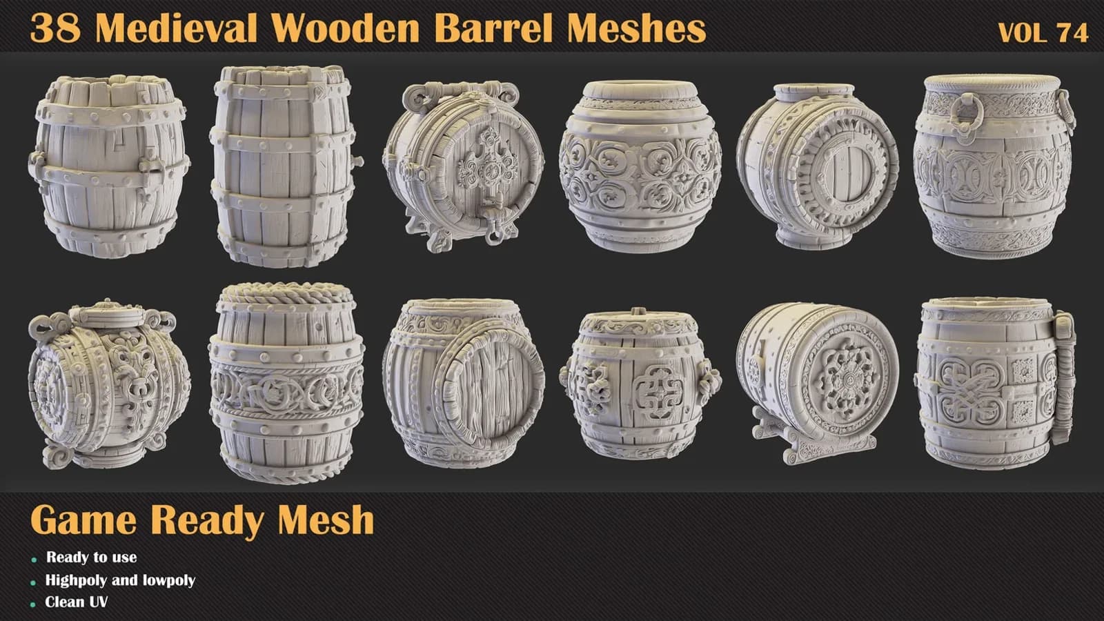 38 Medieval Wooden Barrel 3D Meshes — VOL 74 — preview 4