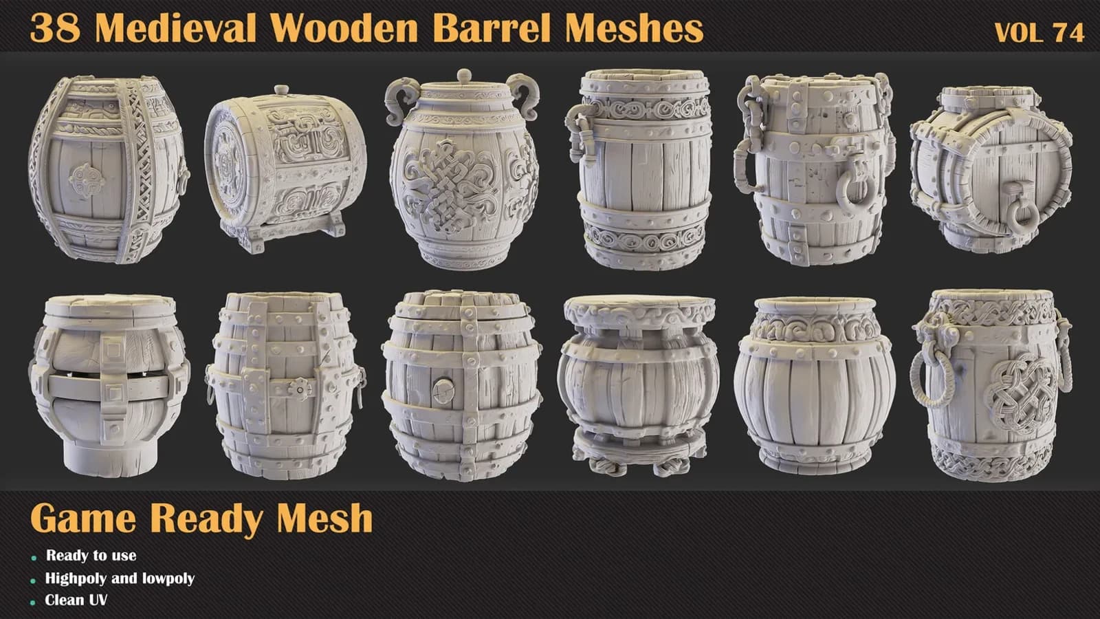 38 Medieval Wooden Barrel 3D Meshes — VOL 74 — preview 5