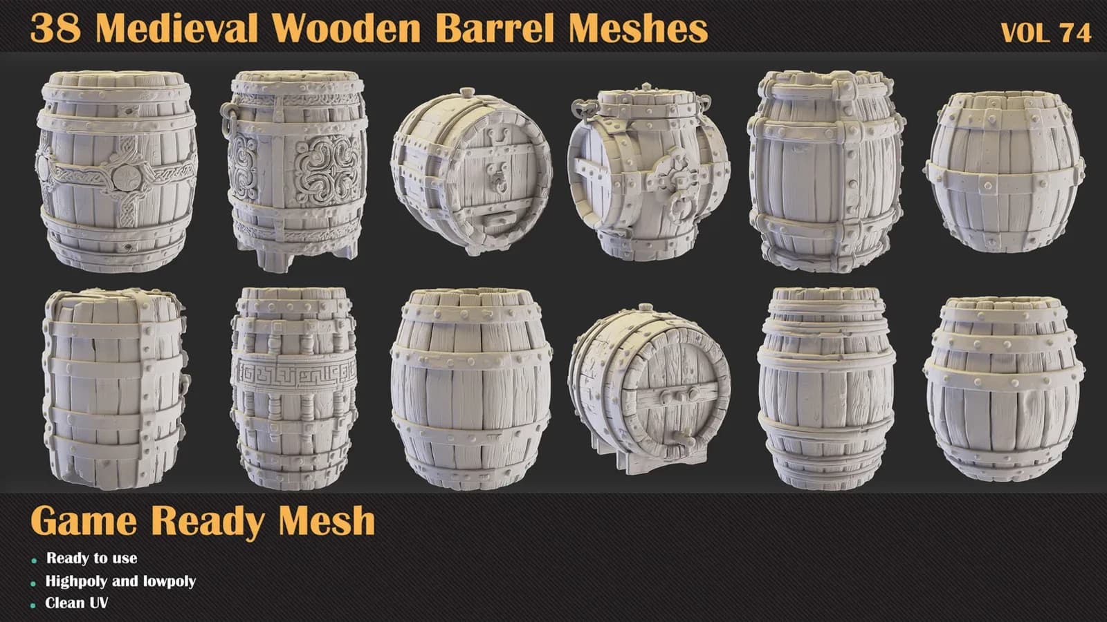 38 Medieval Wooden Barrel 3D Meshes — VOL 74 — preview 6