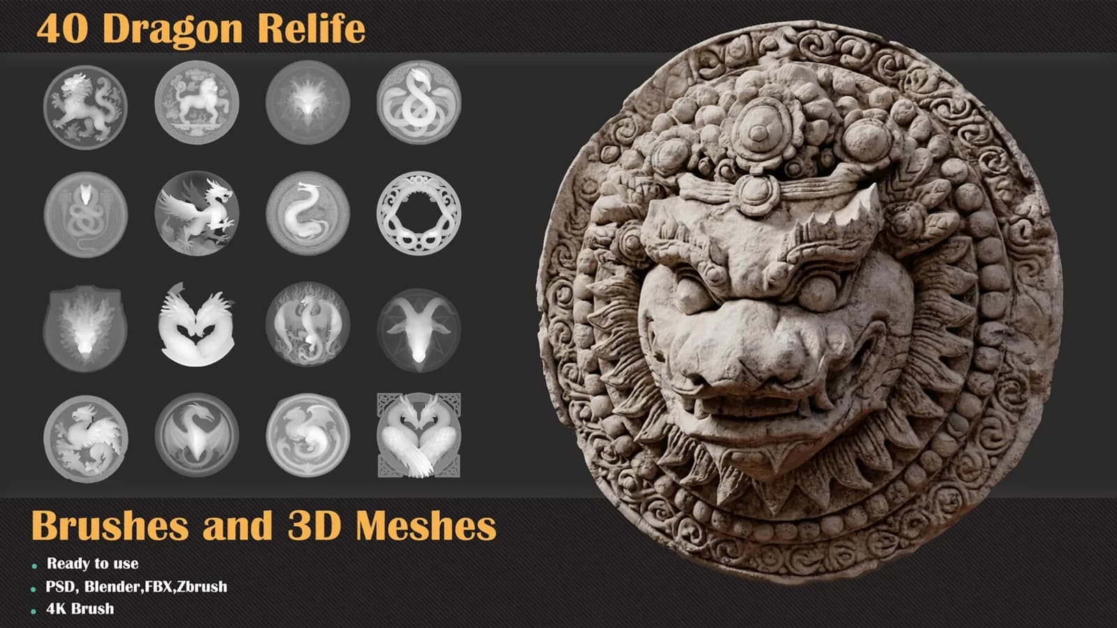 40 Dragon Relief Brushes & 3D Models