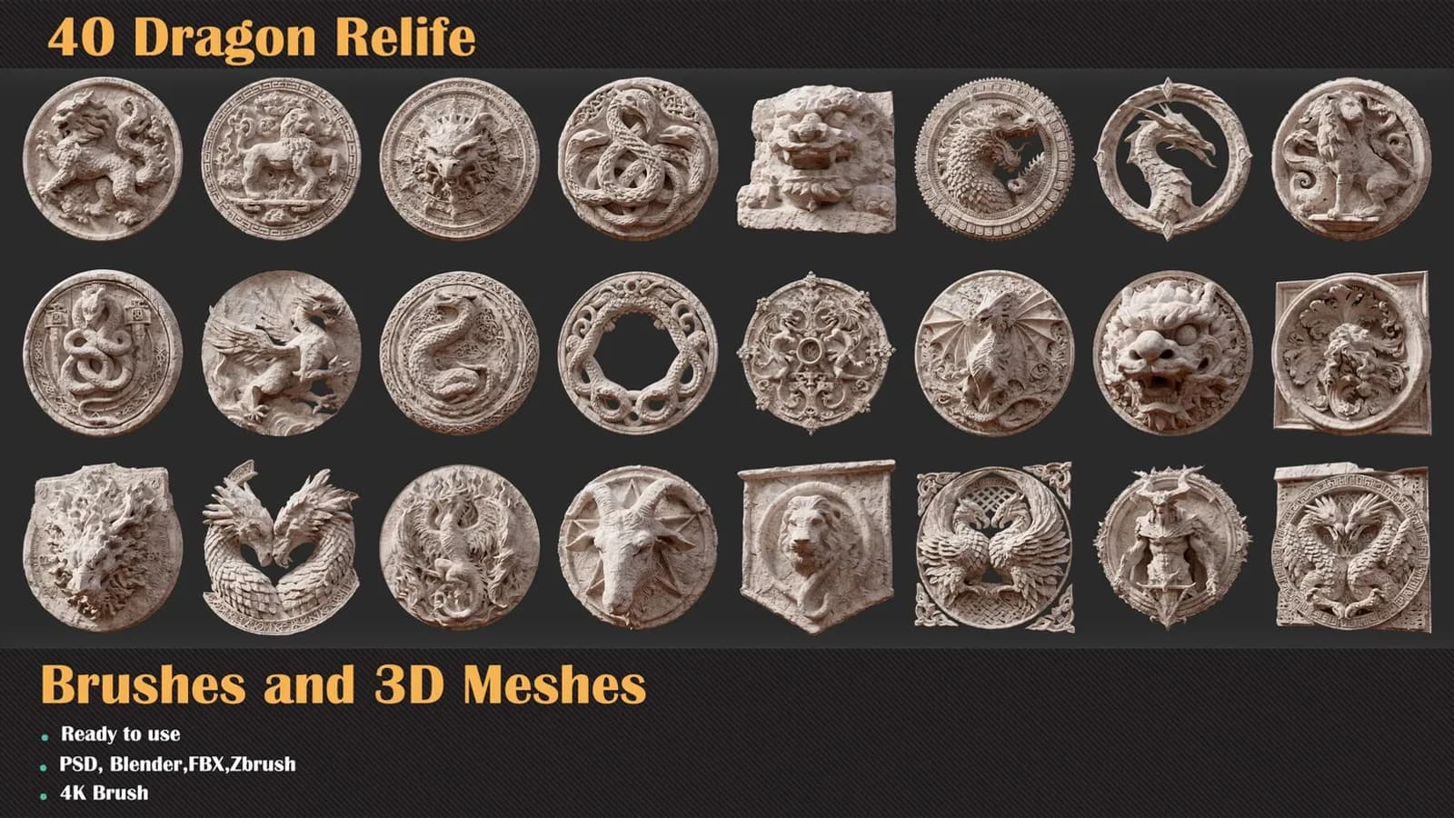 40 Dragon Relief Brushes & 3D Models — preview 4