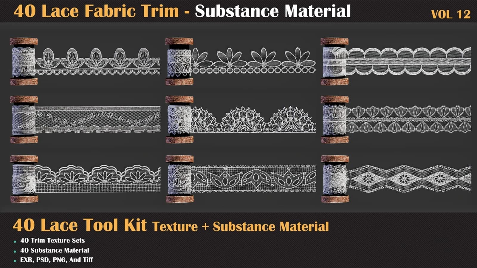 40 Lace Fabric Trim Pattern + Substance Tools — VOL 12 — preview 2
