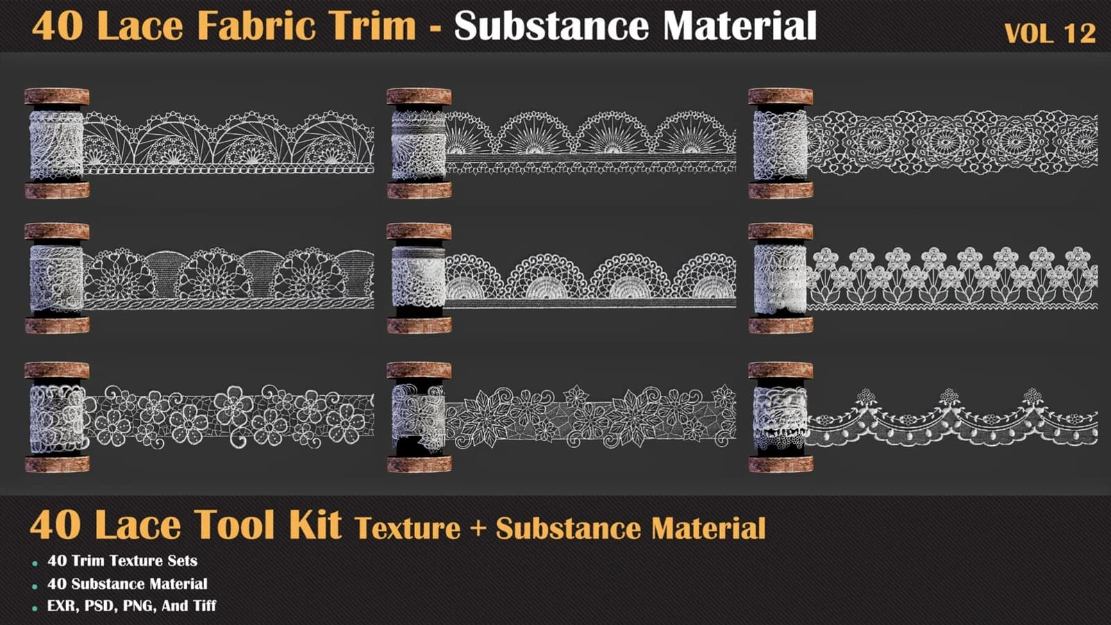 40 Lace Fabric Trim Pattern + Substance Tools — VOL 12 — preview 4