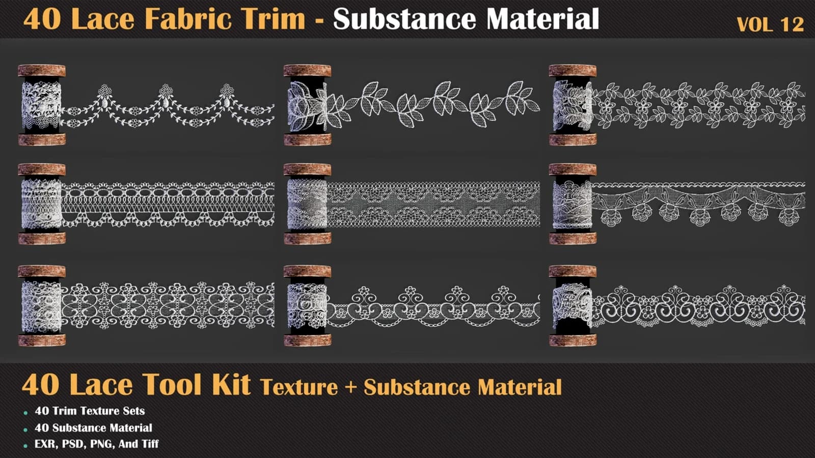 40 Lace Fabric Trim Pattern + Substance Tools — VOL 12 — preview 5