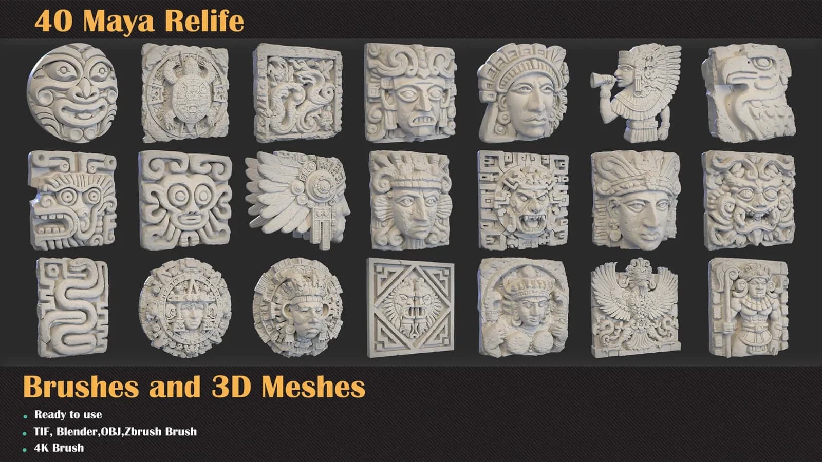40 Maya Relief Brushes & 3D Meshes — preview 3