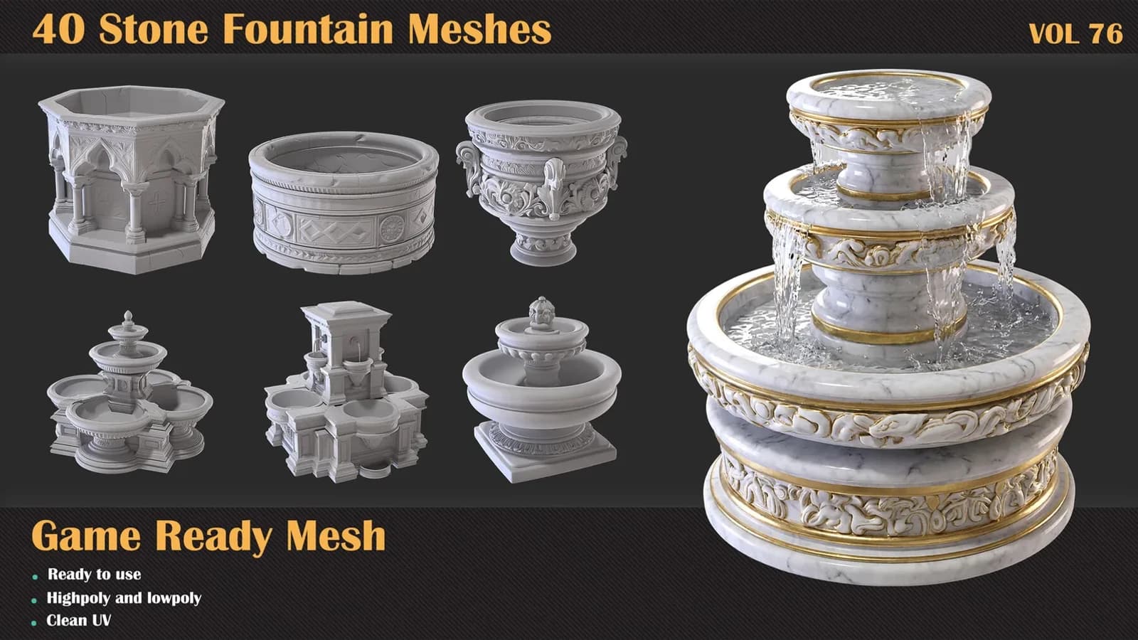 40 Stone Fountain 3D Meshes — VOL 76