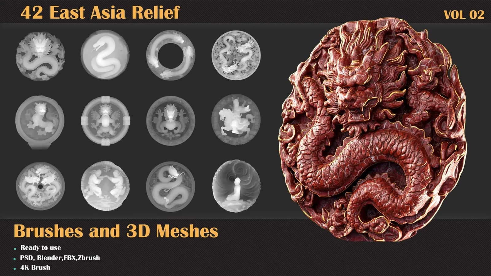 42 East Asia Relief Brushes & 3D Meshes — VOL 02