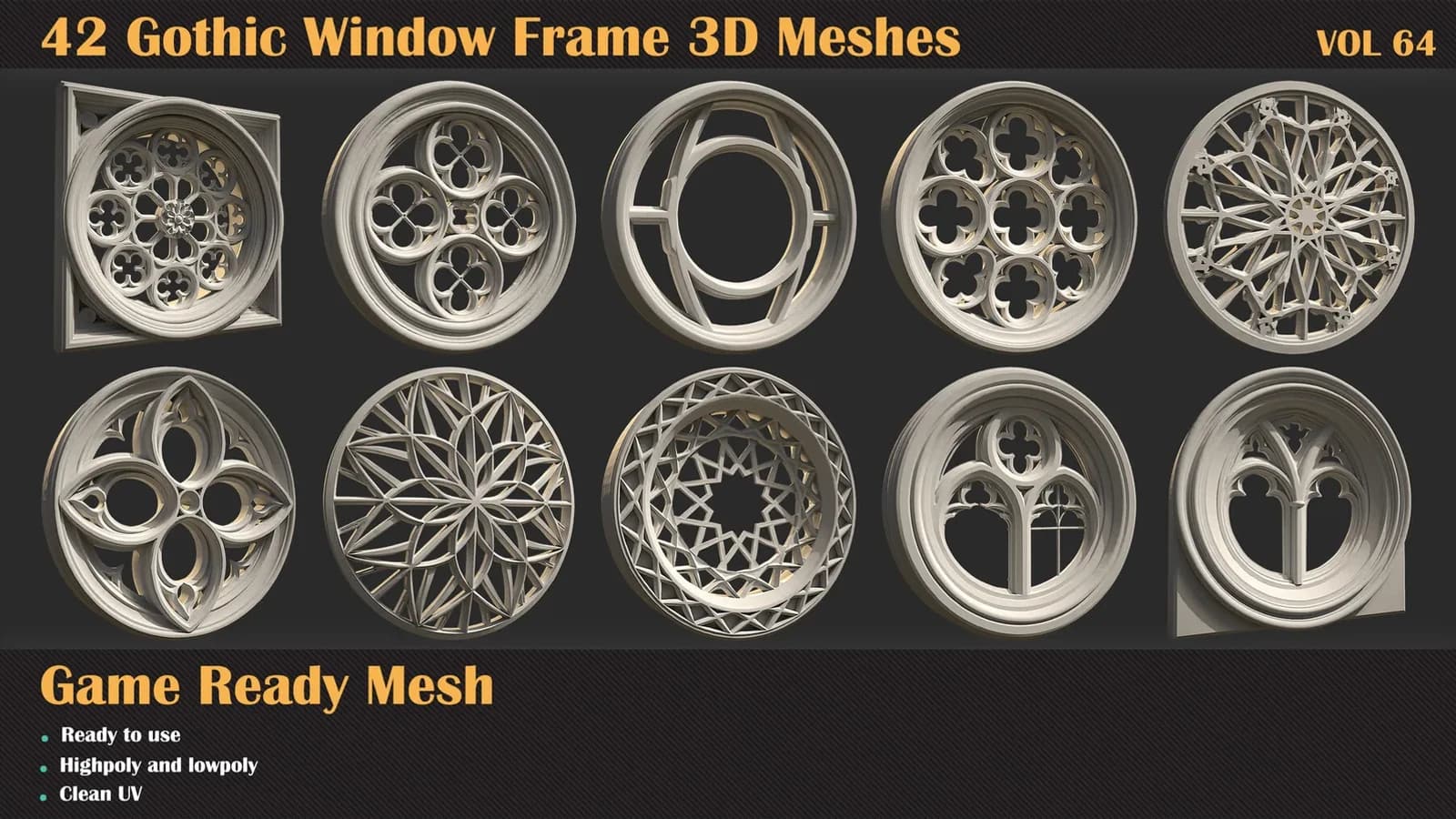 42 Gothic Window Frame 3D Meshes — VOL 64 — preview 3