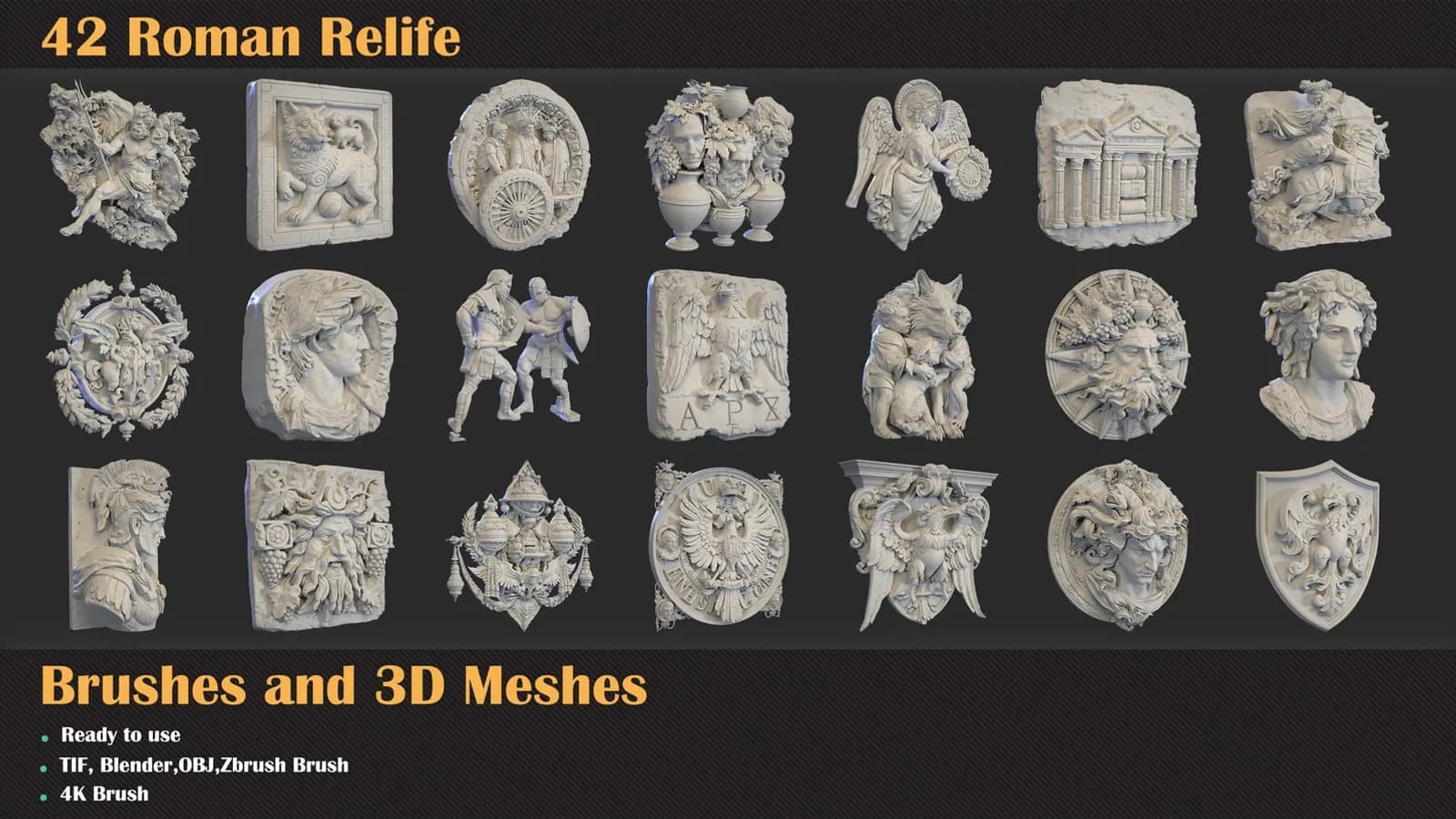 42 Roman Relief Brushes & 3D Meshes — preview 3