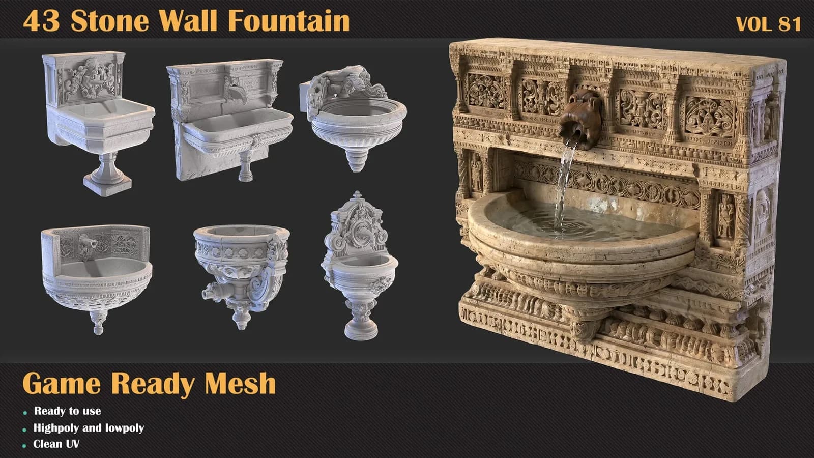 43 Stone Wall Fountain 3D Meshes — VOL 81