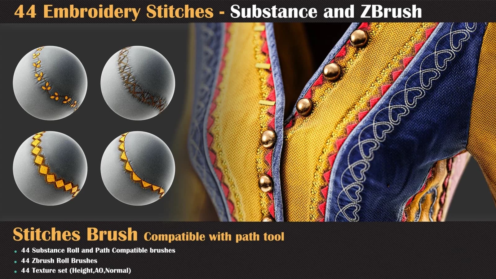 44 Embroidery Stitches - Brush for Substance and ZBrush — preview 2