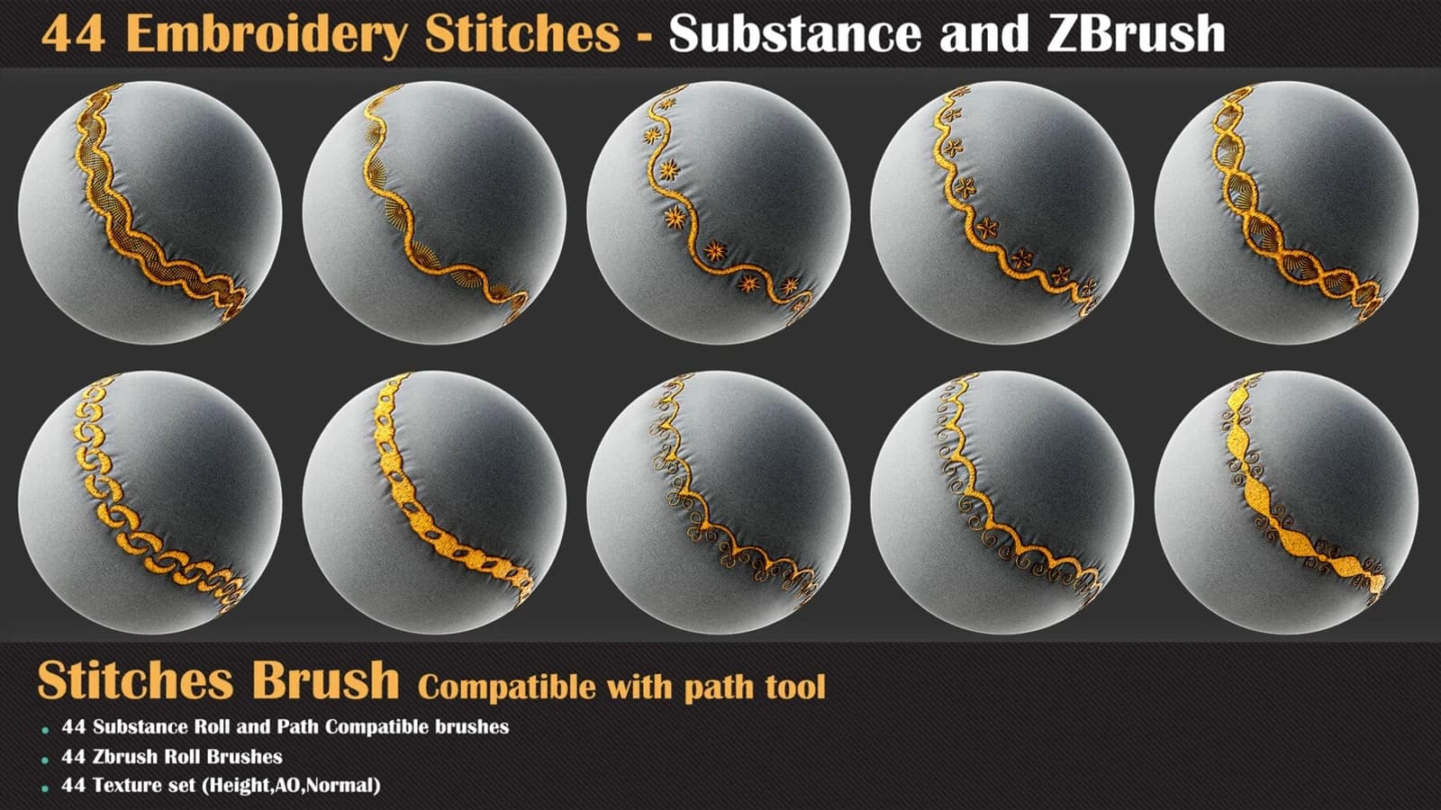 44 Embroidery Stitches - Brush for Substance and ZBrush — preview 3