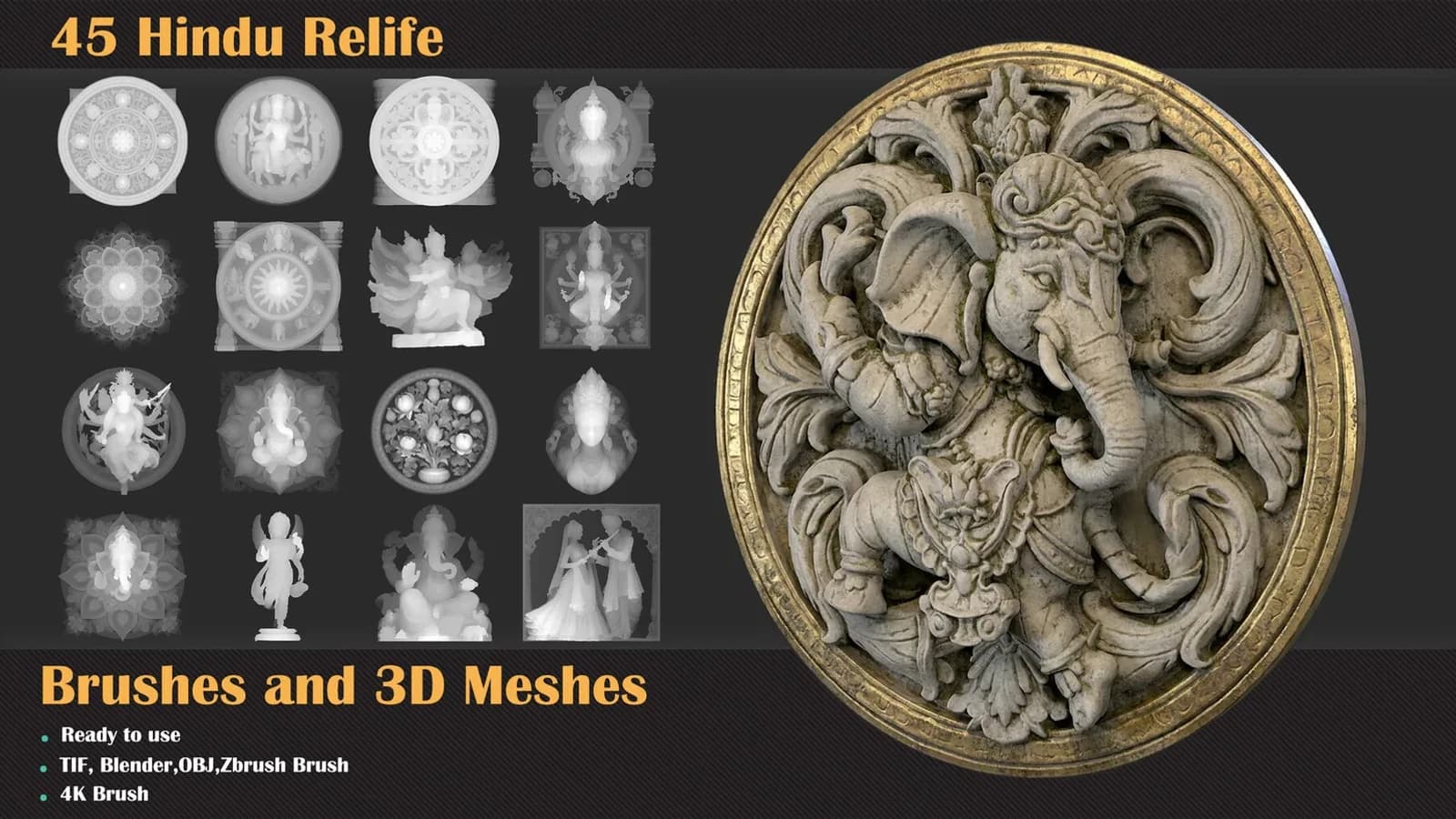 45 Hindu Relief Brushes & 3D Meshes