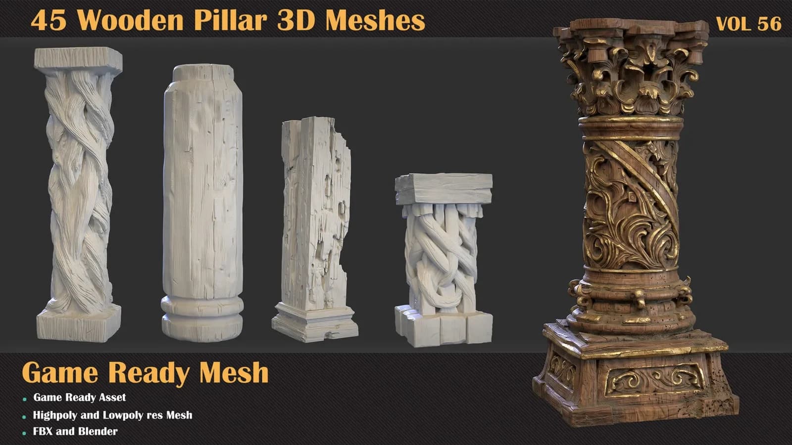 45 Wooden Pillar 3D Meshes — VOL 56