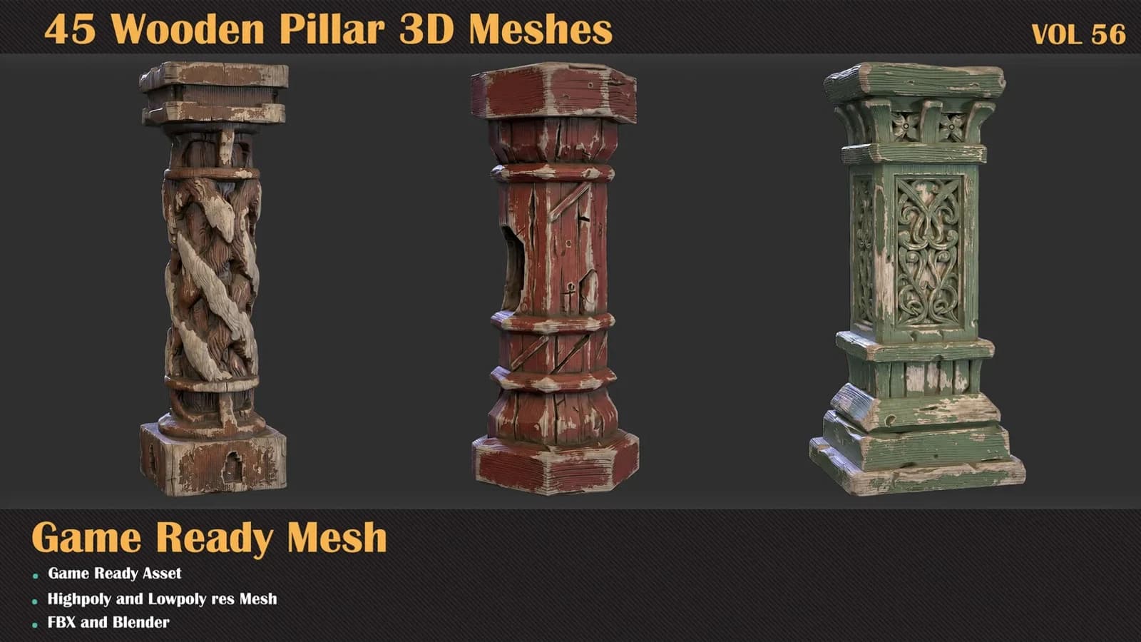 45 Wooden Pillar 3D Meshes — VOL 56 — preview 2