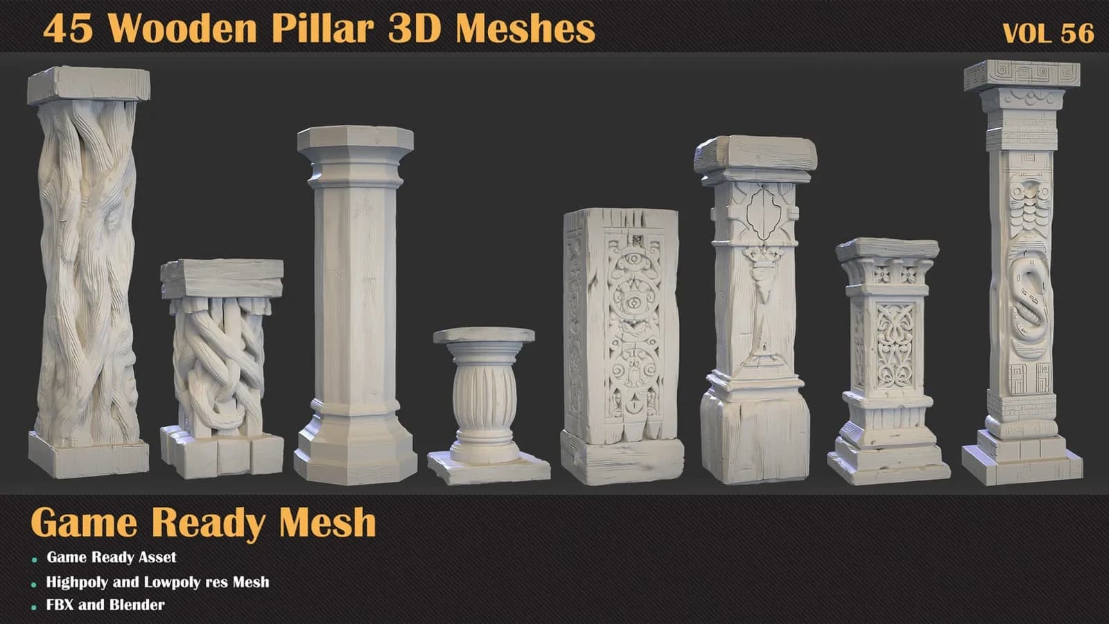 45 Wooden Pillar 3D Meshes — VOL 56 — preview 5