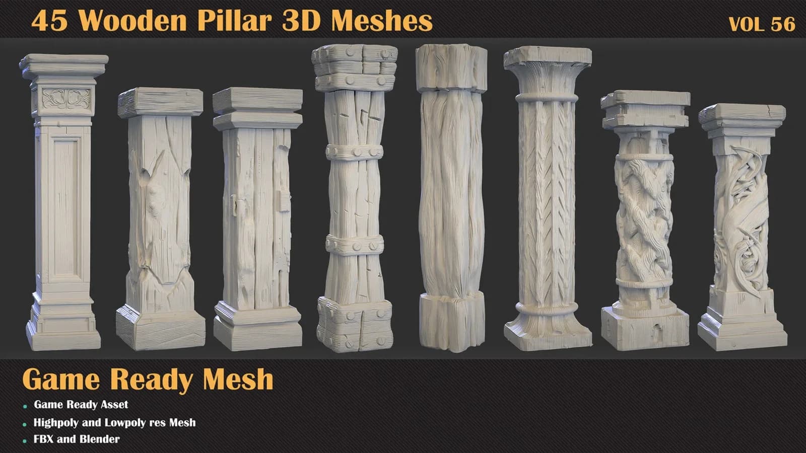 45 Wooden Pillar 3D Meshes — VOL 56 — preview 8